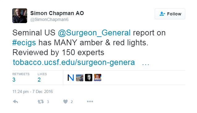 Tweet from Simon Chapman on the US SG Report