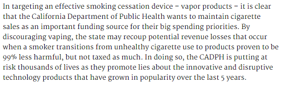 Document excerpt clarifying CDPH position on tax revenue, ecigs and smoking