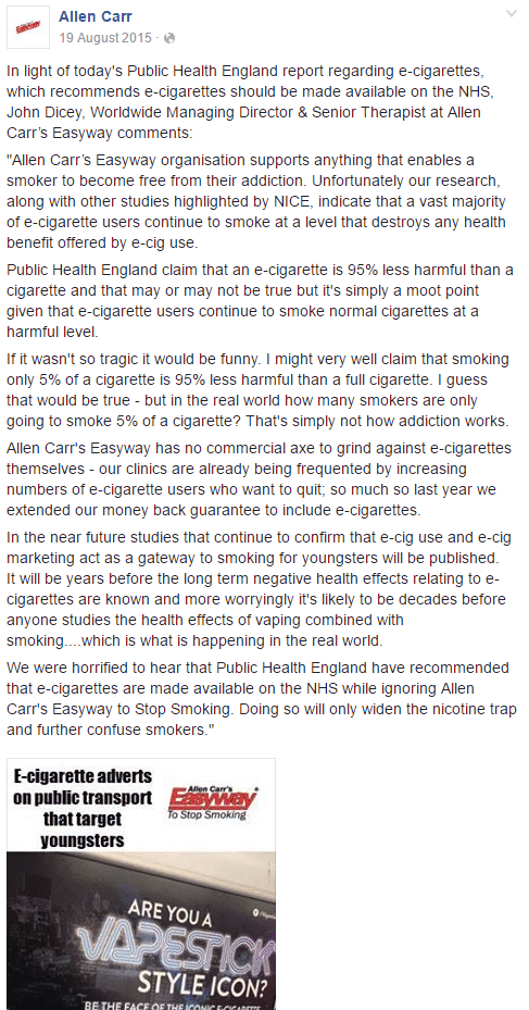 Facebook post discussing the Public Health England Evidence Review
