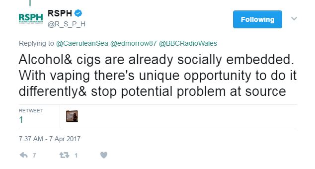 Tweet from RSPH implying that ecigs should NOT be socially acceptable