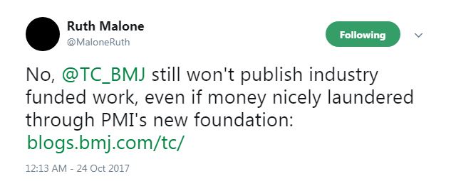 Ruth Malone on Twitter on not publishing research from FSFW